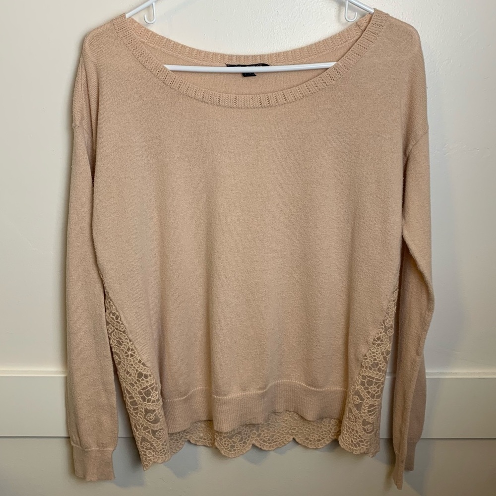 American Eagle Tan Lace Back Crewneck Sweater